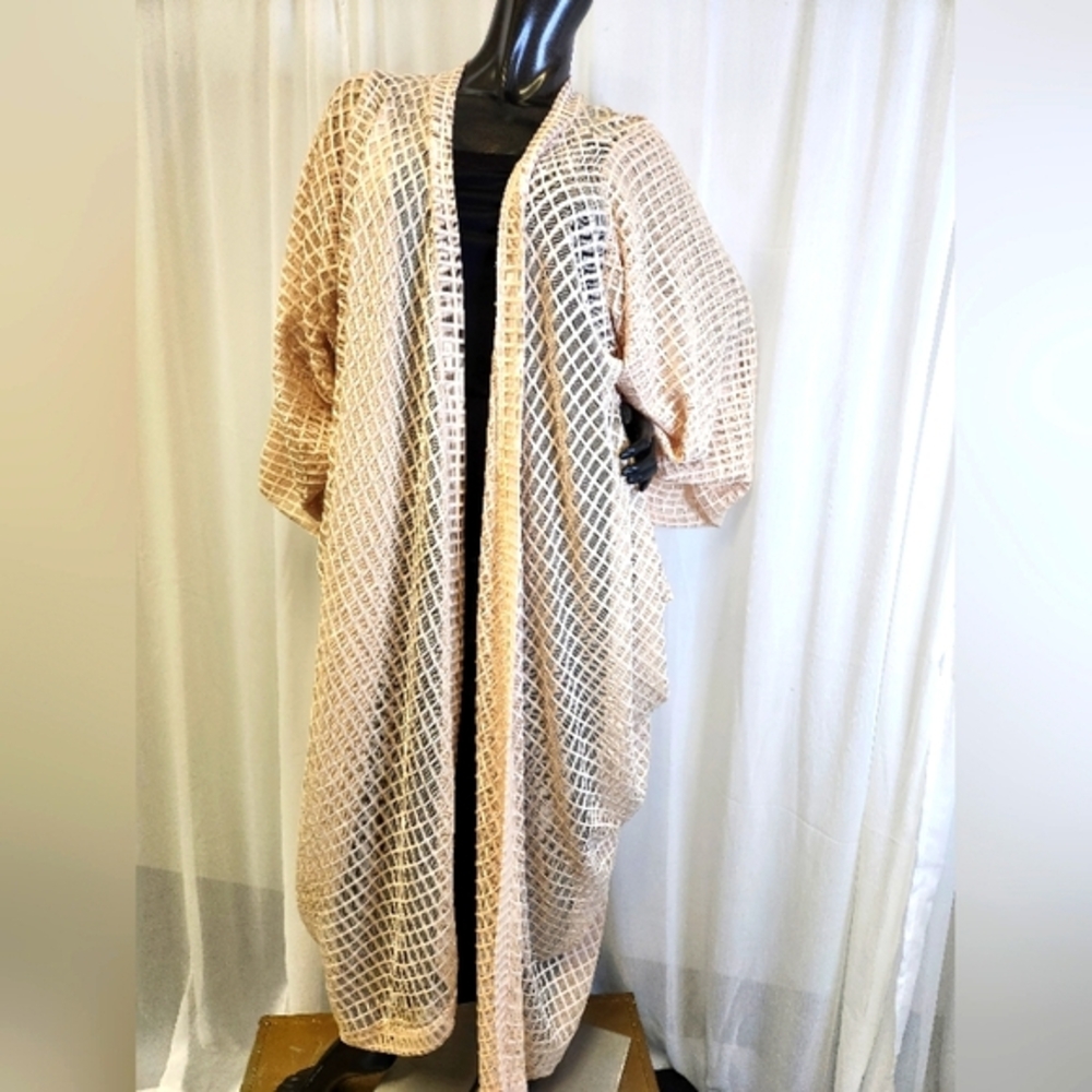 Custom Cut & Sewn Elegant Beige Crochet Kimono Duster - Freesize
